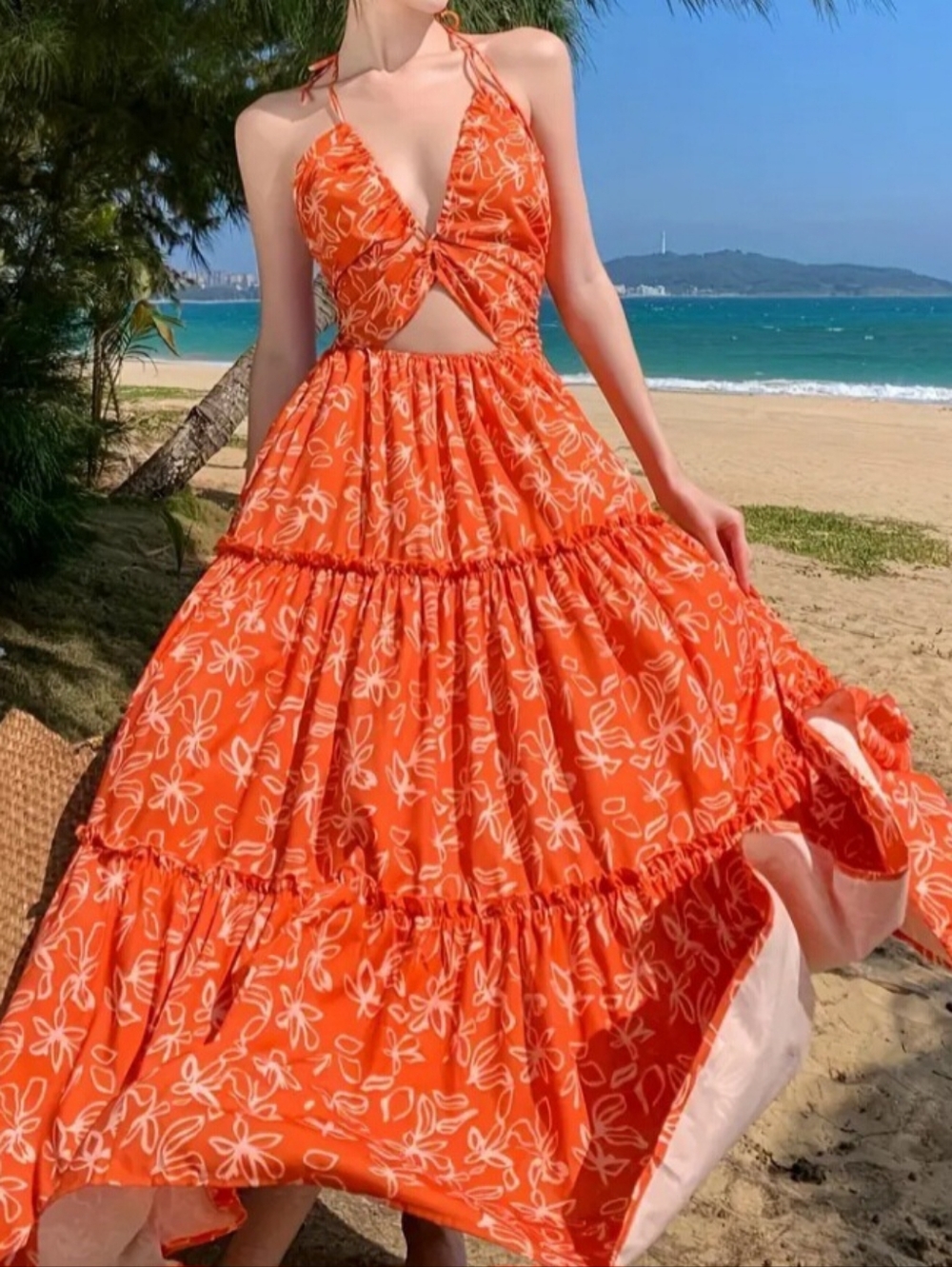 Women Halter Orange Flower Printed Maxidress